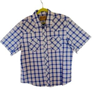 Wrangler Men's XL Blue Plaid Casual, Western Shirt Short Sleeve Button-Up NWOT